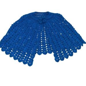 Vintage Handmade Crochet Triangle Shawl Cape Blue Buttons Grannycore Shrug Small